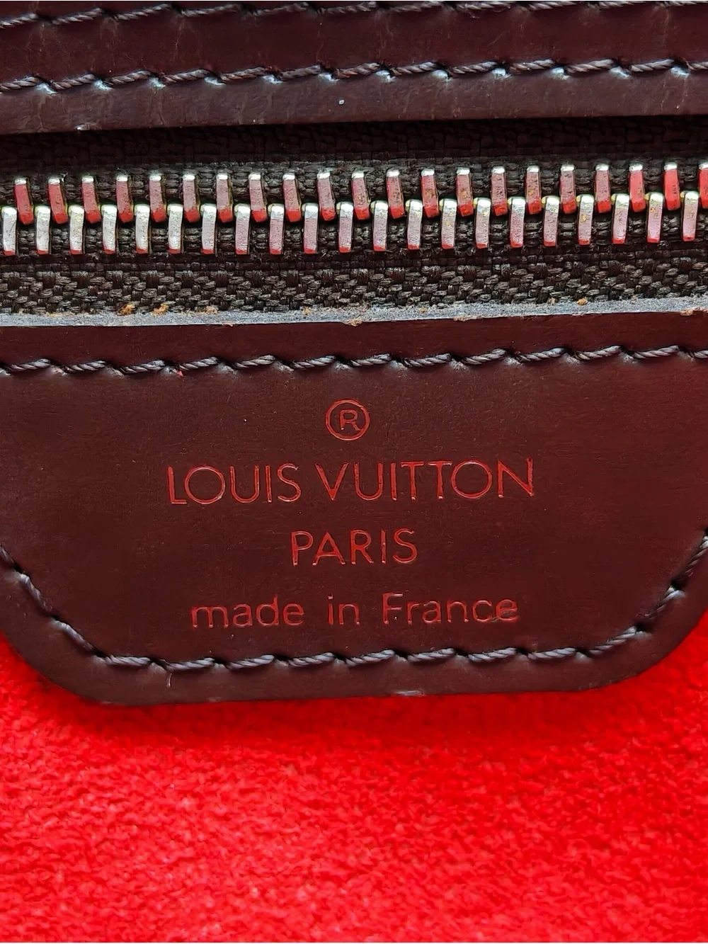 Louis Vuitton Brown Checkered Canvas Tote with Dark Brown Trim and Red Interior
